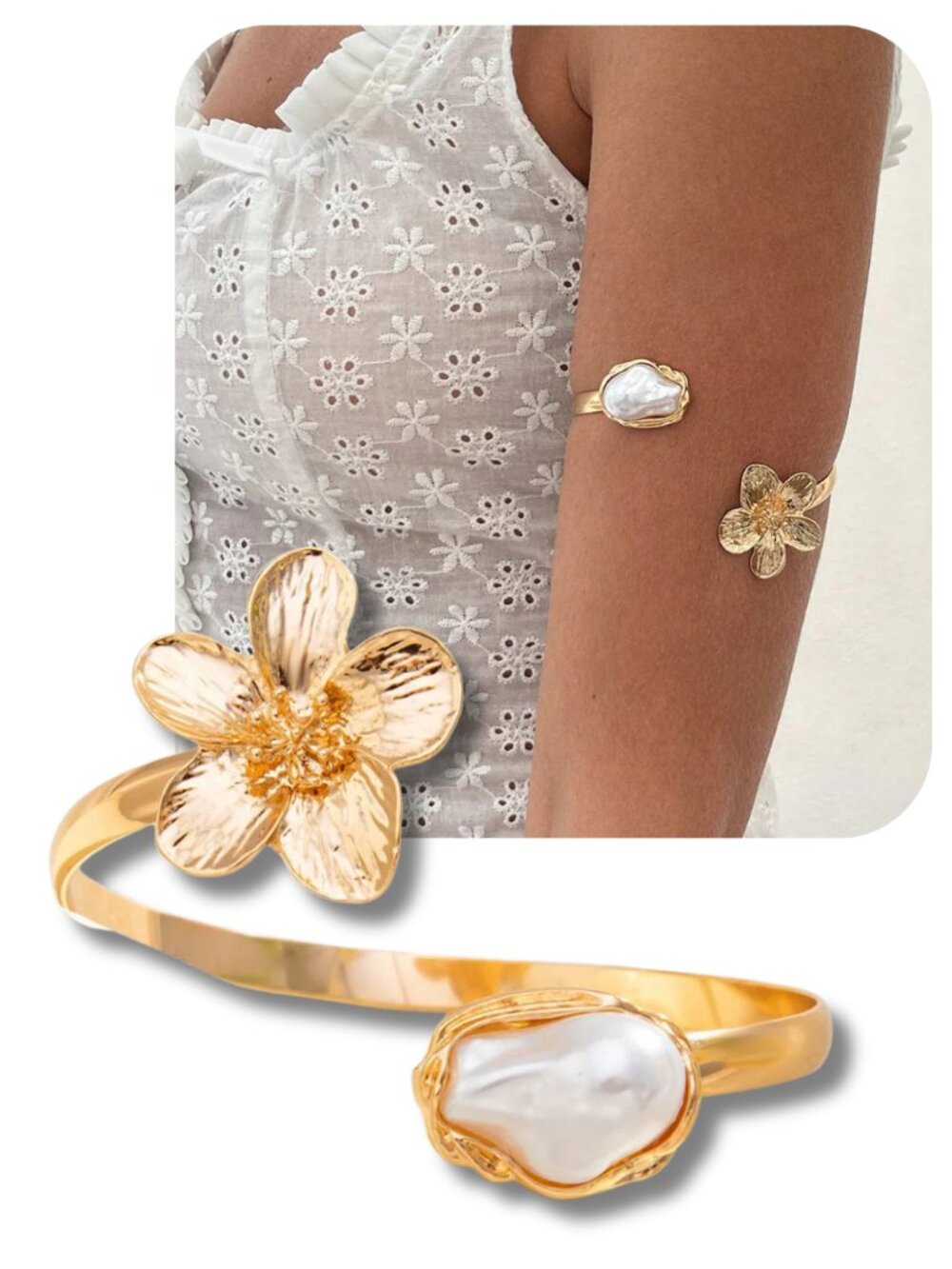 14K Gold Plated Baroque Pearl Boho Style Arm Cuff Body Jewelry Bracelet Floral
